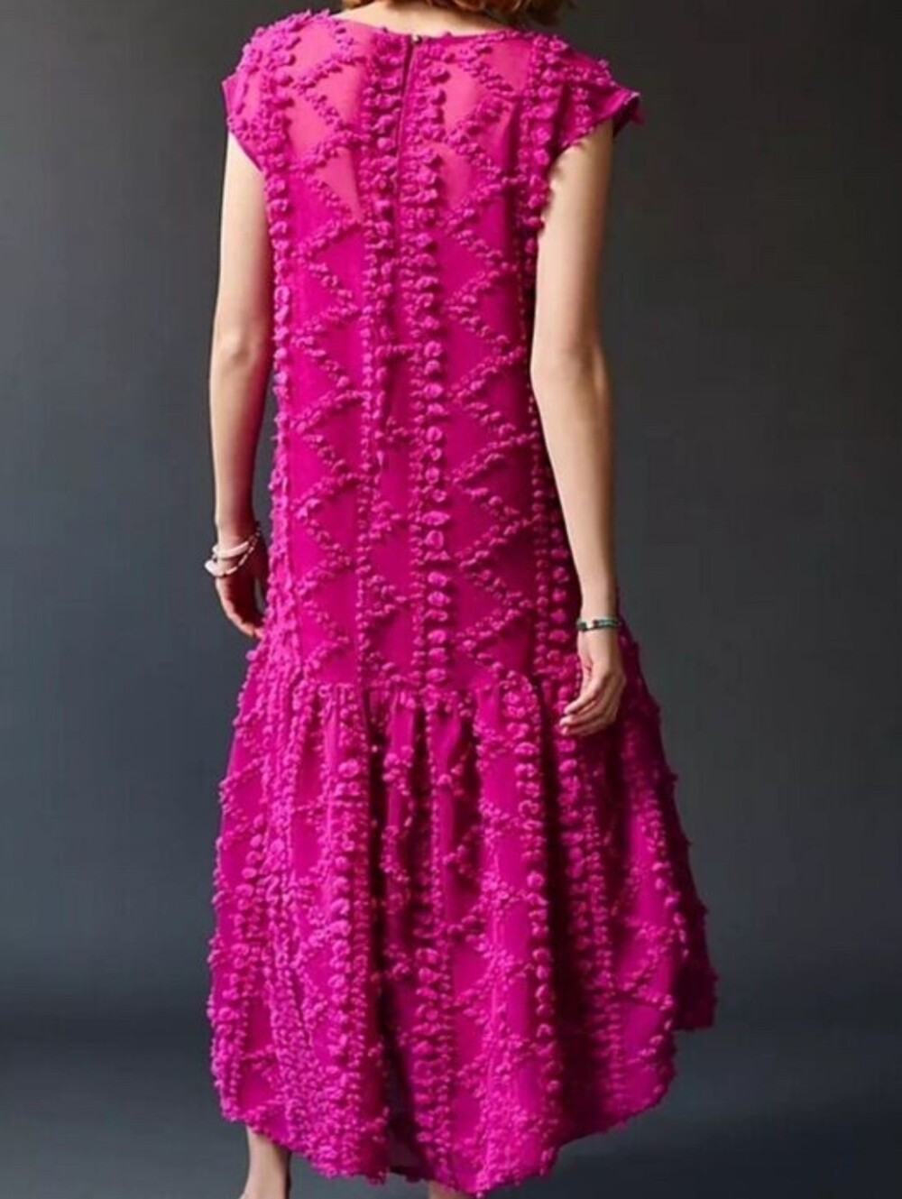 Maeve Blythe Dress, NEW!Size MP, Rose Magenta, PomPom Textured, Sheer - Picture 7 of 11